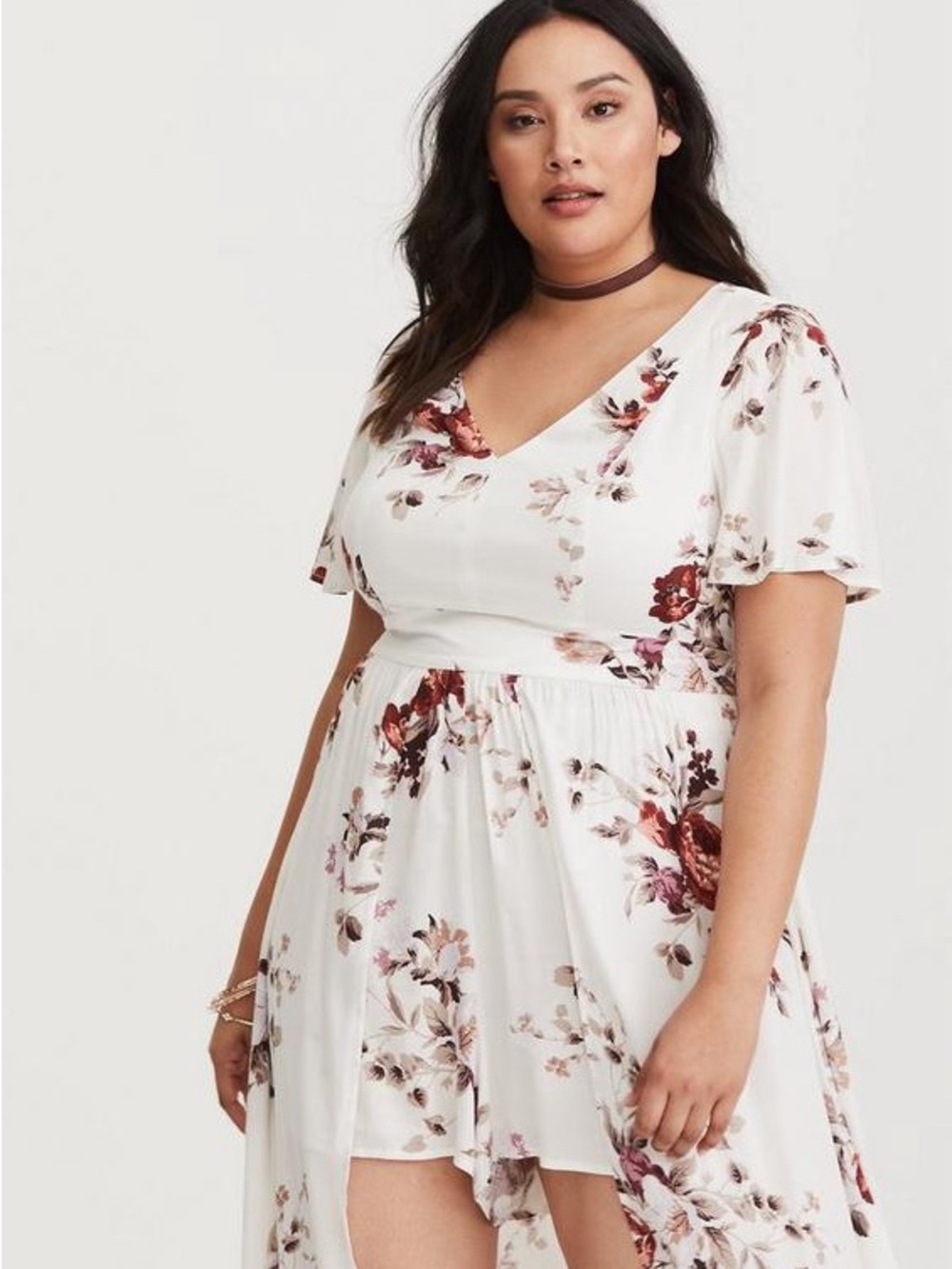Ivory Floral Romper with Maxi Skirt Overlay - Picture 2 of 5